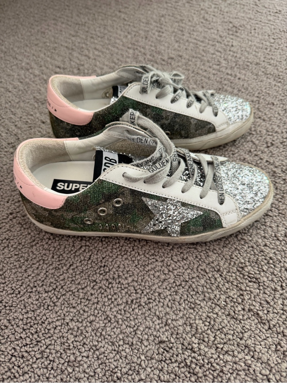 Golden Goose Womens Super Star Glitter Camo Low Tops
